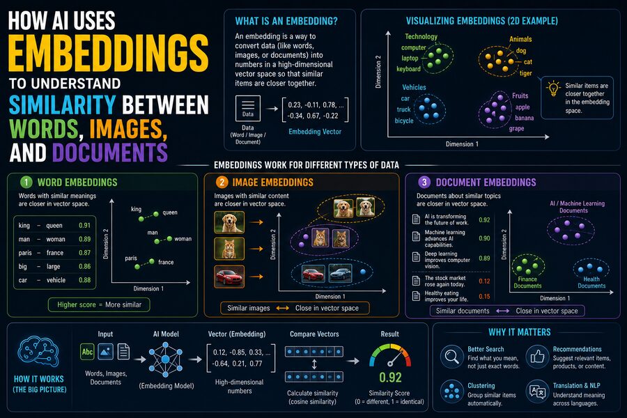 🧠 How AI Uses Embeddings to Understand Similarity Between Words, Images, and Documents